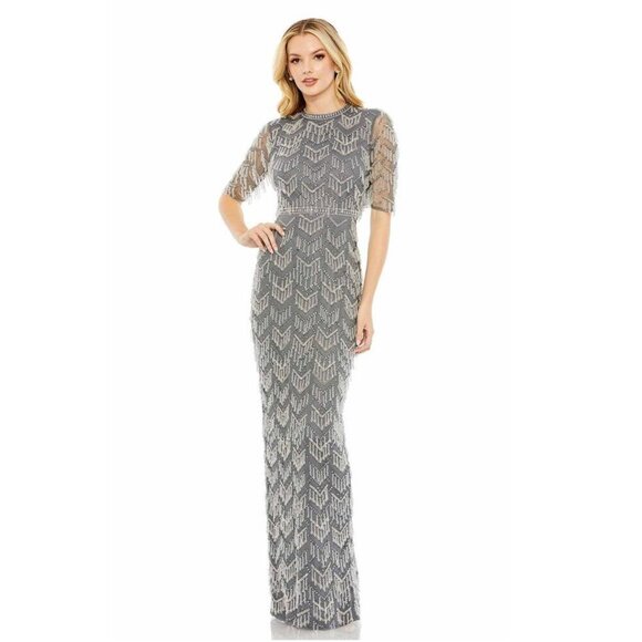 NWT Mac Duggal Beaded Fringe Quarter Sleeve Column Gown 4 Charcoal #8220 - Picture 1 of 8